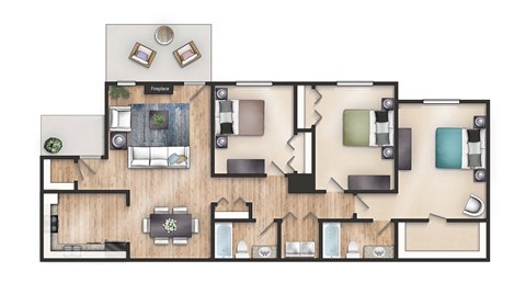 3 bedroom 2 bathroom 1367 Square-Foot Cherie Floor Plan at Mirabelle Apartments, Mobile, 36608
